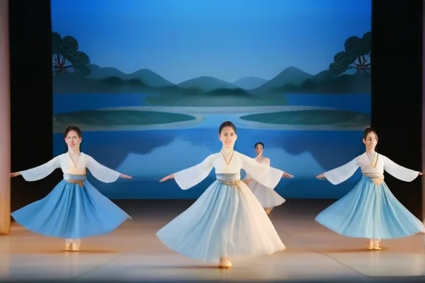 심청 발레 군무 장면, 한복에서 영감을 받은 흰색과 파란색 의상의 발레리나들